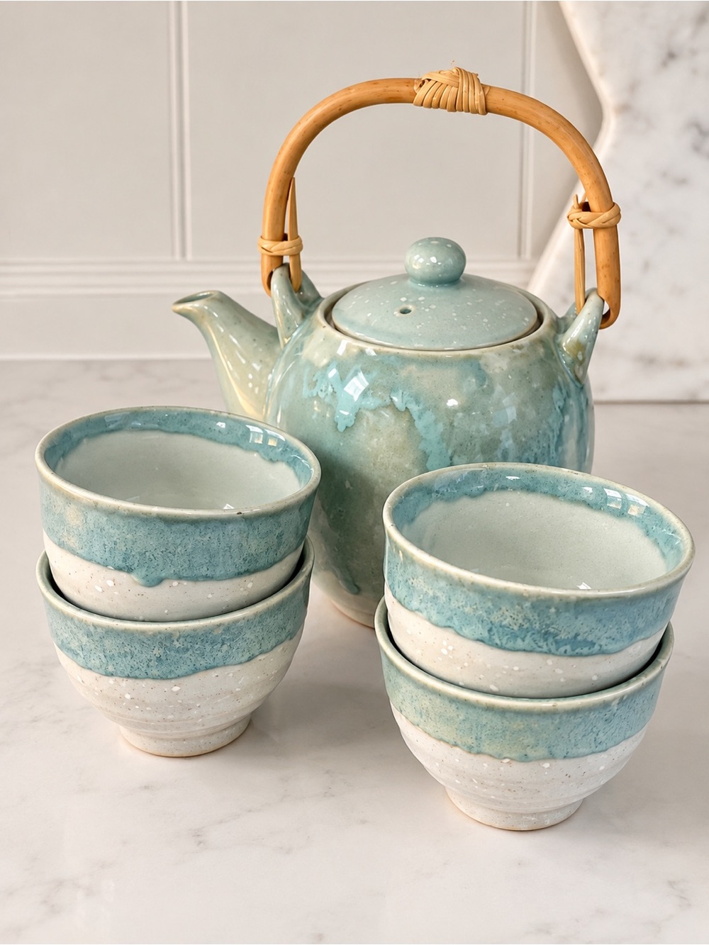 Teavana Aqua Blue Ceramic Teapot Tea Set Bamboo Handle 4 Cups 5 Piece